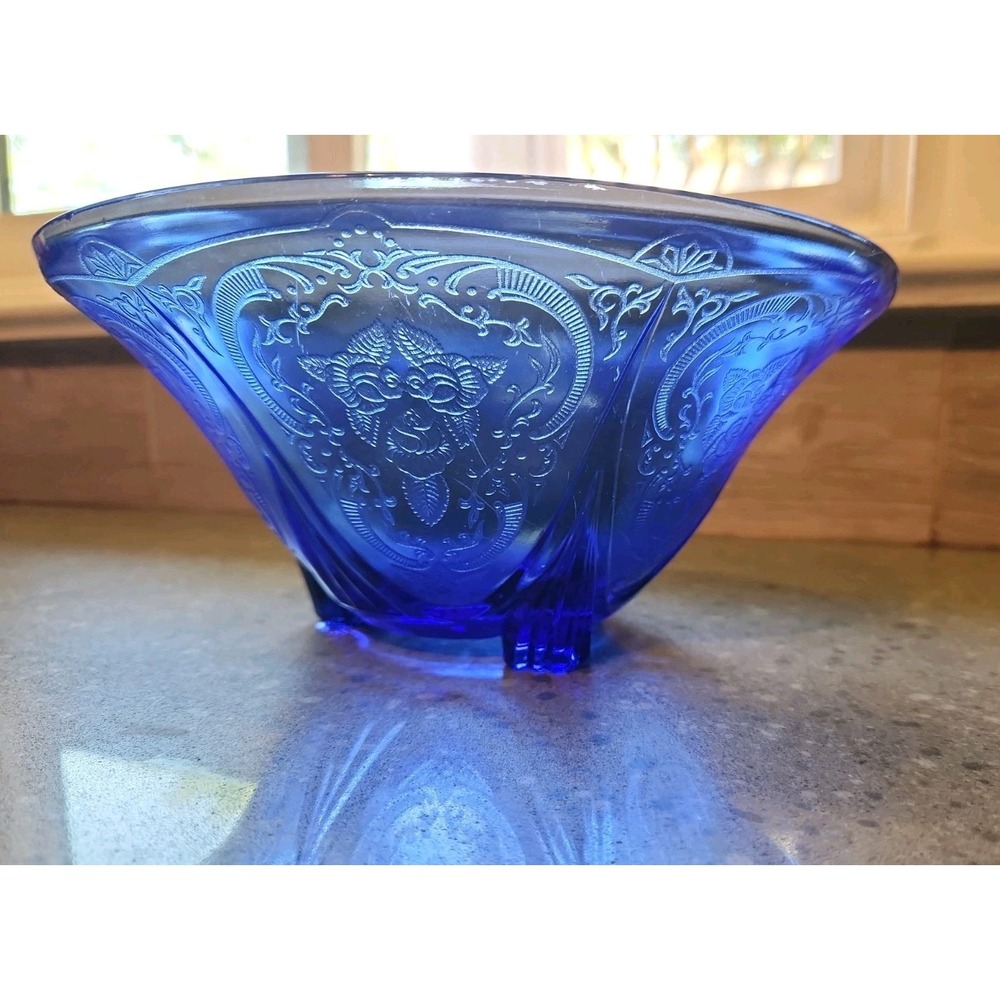 Hazel Atlas Cobalt Blue Royal Lace 10" Bowl Depression Glass, FOOTED, Vintage - Picture 9 of 9